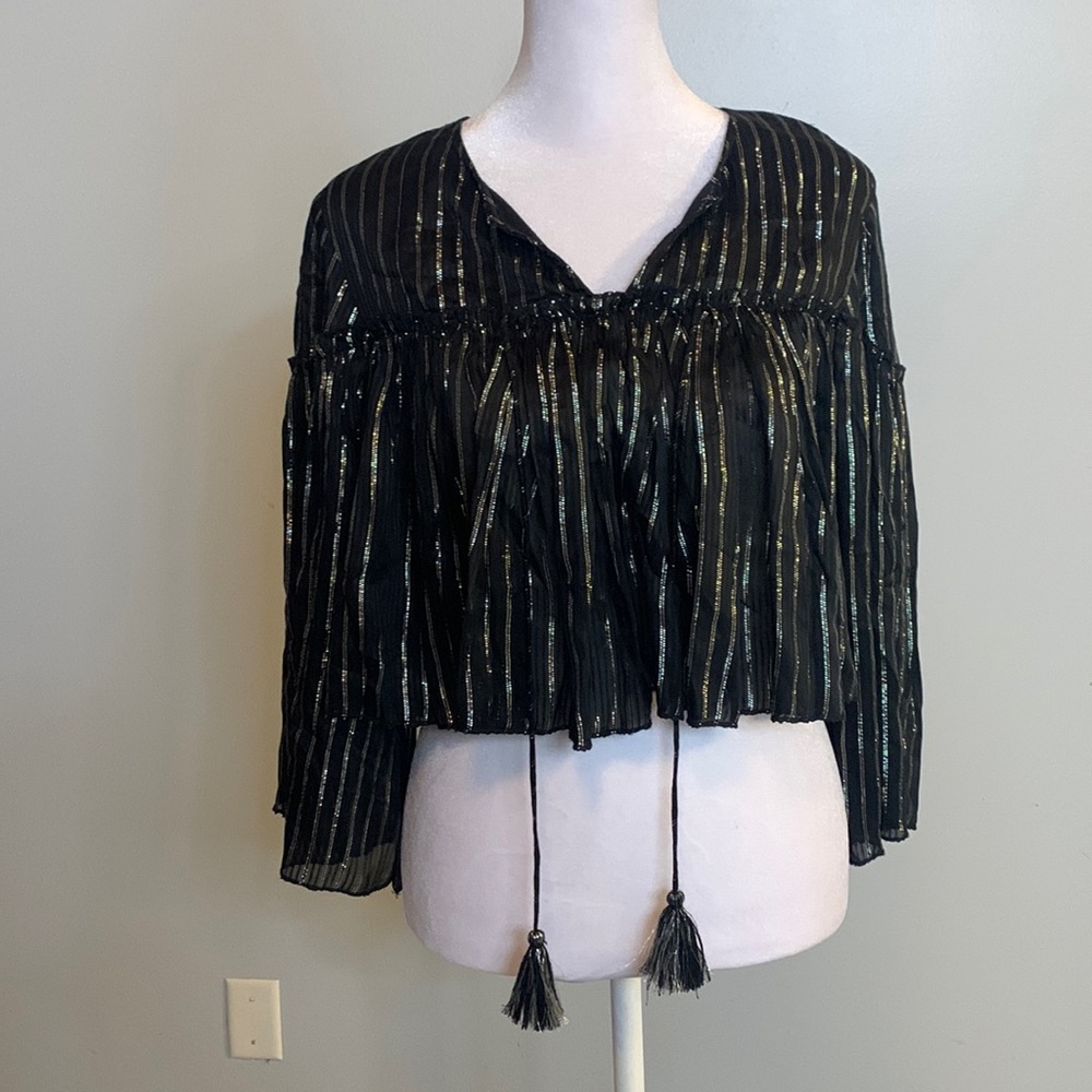 [NSR] Black/Metallic Striped Boho Blouse - Size Medium NWT